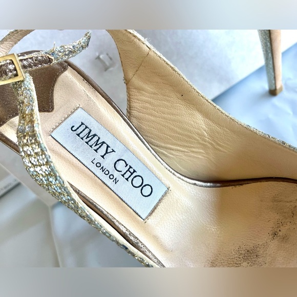 Womens Jimmy Choo Nova Champagne Glitter Peep Toe Slingback Heels 35/6 - Picture 3 of 10
